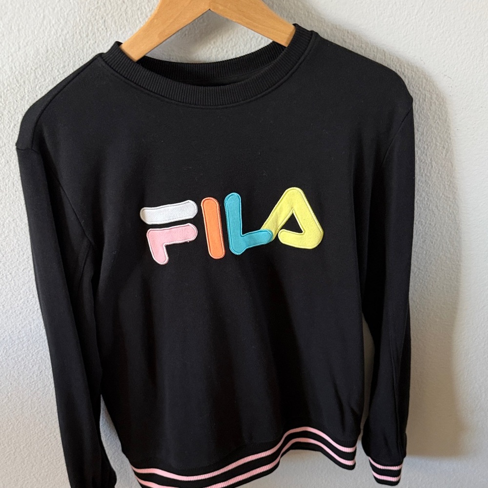 Fila Black Crewneck Sweater with Multicolor Logo Appliqué